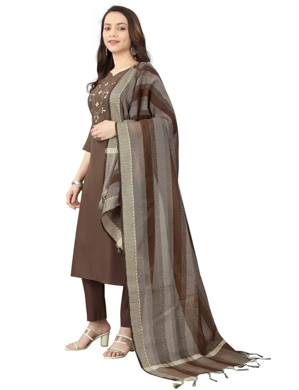 Brown_Stitched_Kurta_And_Pant_&_Dupatta_Set_For_Women