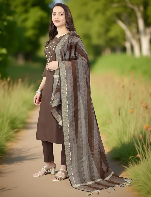 Brown_Stitched_Kurta_And_Pant_&_Dupatta_Set_For_Women