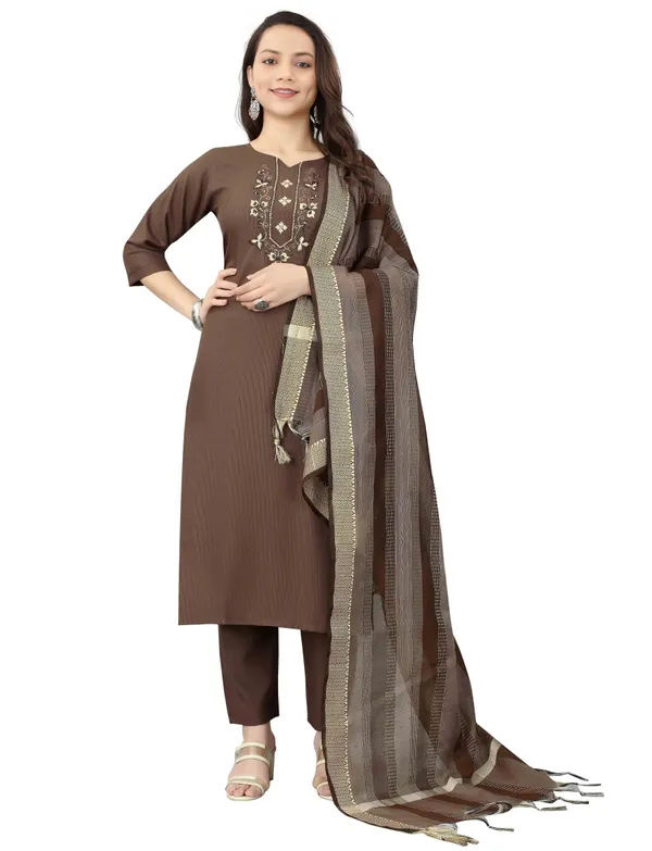 Brown_Stitched_Kurta_And_Pant_&_Dupatta_Set_For_Women