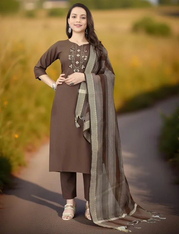Brown_Stitched_Kurta_And_Pant_&_Dupatta_Set_For_Women