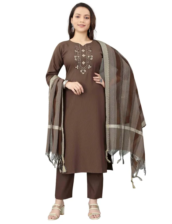 Brown_Stitched_Kurta_And_Pant_&_Dupatta_Set_For_Women