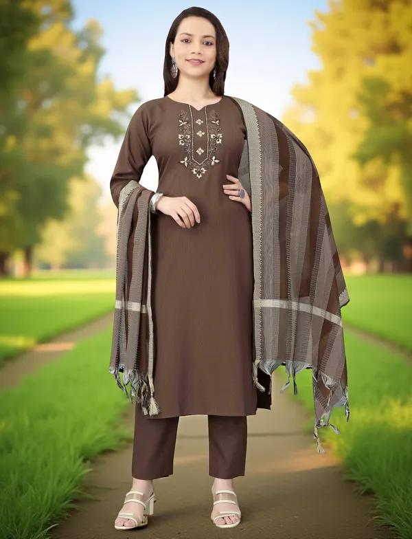Brown_Stitched_Kurta_And_Pant_&_Dupatta_Set_For_Women