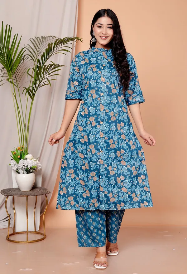 Blue_Cotton_Casual_A-Line_Kurti_Pant_For_Women
