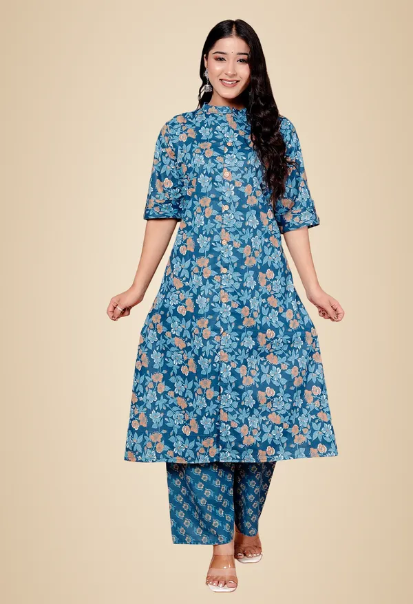Blue_Cotton_Casual_A-Line_Kurti_Pant_For_Women