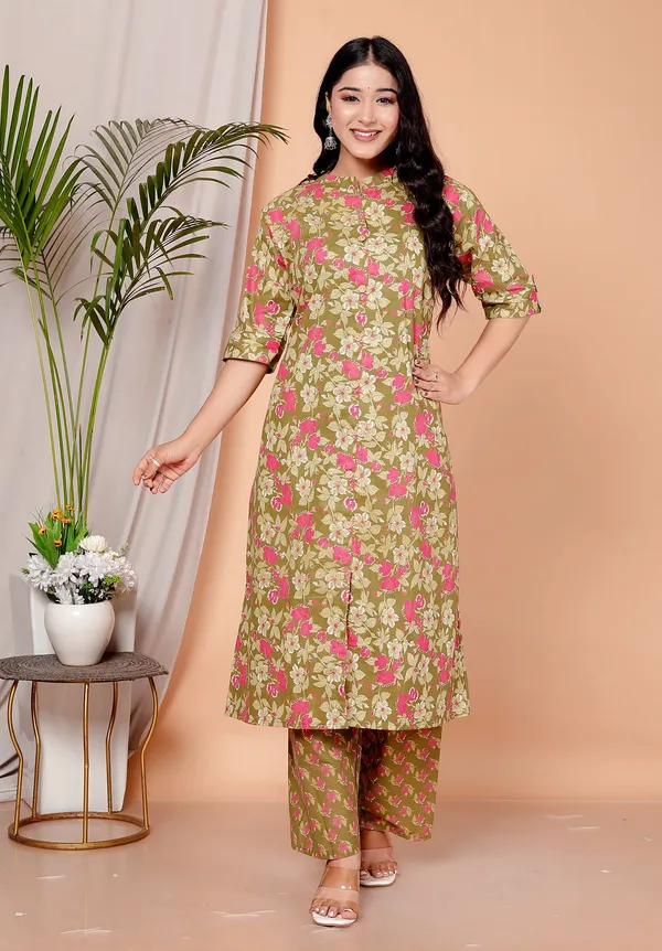 Mustard_Cotton_Casual_A-Line_Kurti_Pant_For_Women