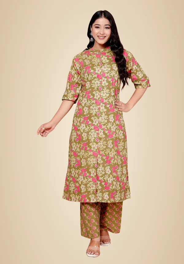 Mustard_Cotton_Casual_A-Line_Kurti_Pant_For_Women