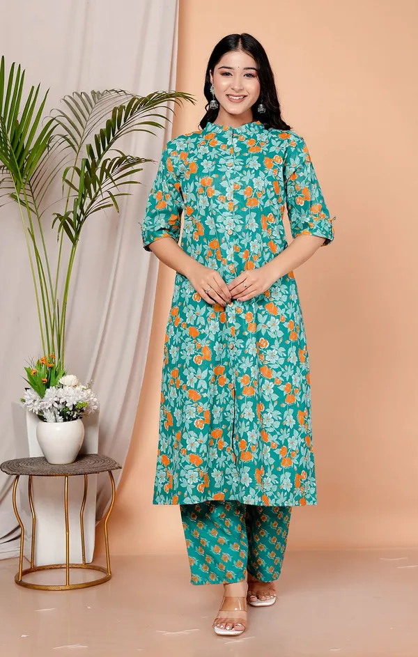 Rama_Green_Cotton_Casual_A-Line_Kurti_Pant_For_Women
