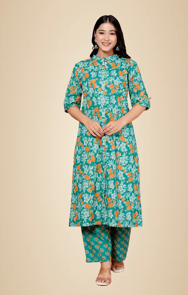 Rama_Green_Cotton_Casual_A-Line_Kurti_Pant_For_Women