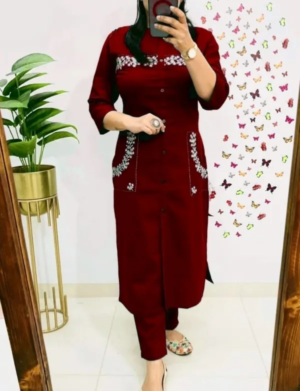 Maroon_Cotton_Casual_Kurti_Pant_Set_For_Women