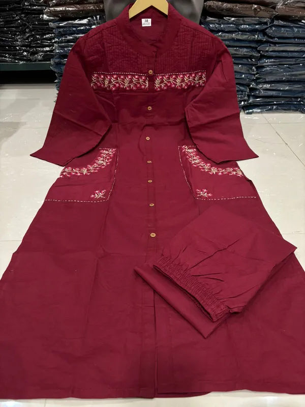 Maroon_Cotton_Casual_Kurti_Pant_Set_For_Women
