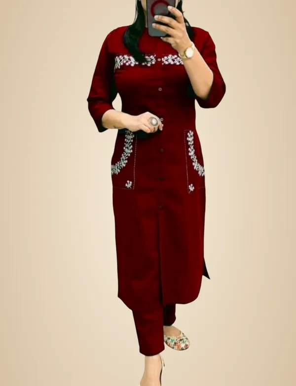 Maroon_Cotton_Casual_Kurti_Pant_Set_For_Women