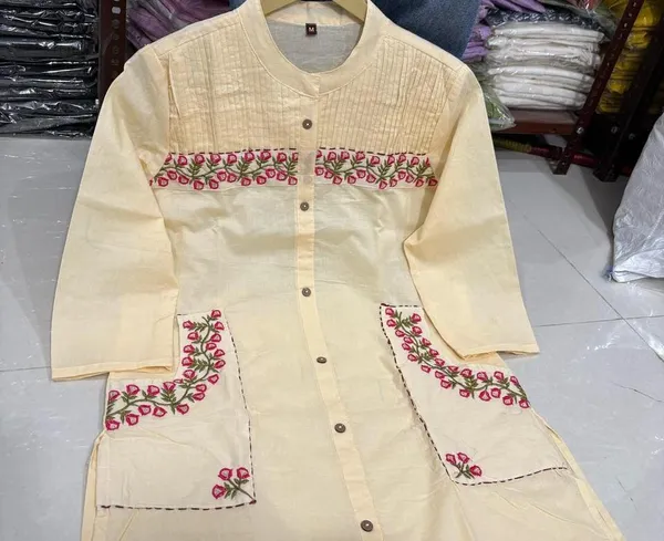 Cream_Cotton_Casual_Kurti_Pant_Set_For_Women
