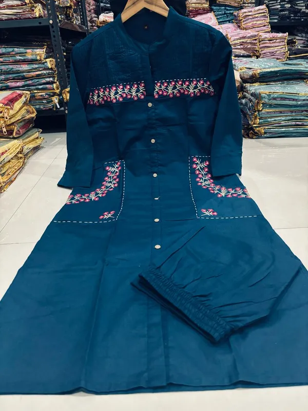 Blue_Cotton_Casual_Kurti_Pant_Set_For_Women