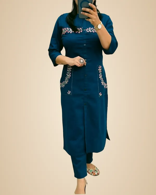 Blue_Cotton_Casual_Kurti_Pant_Set_For_Women