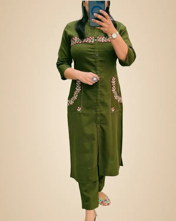 Green_Cotton_Casual_Kurti_Pant_Set_For_Women