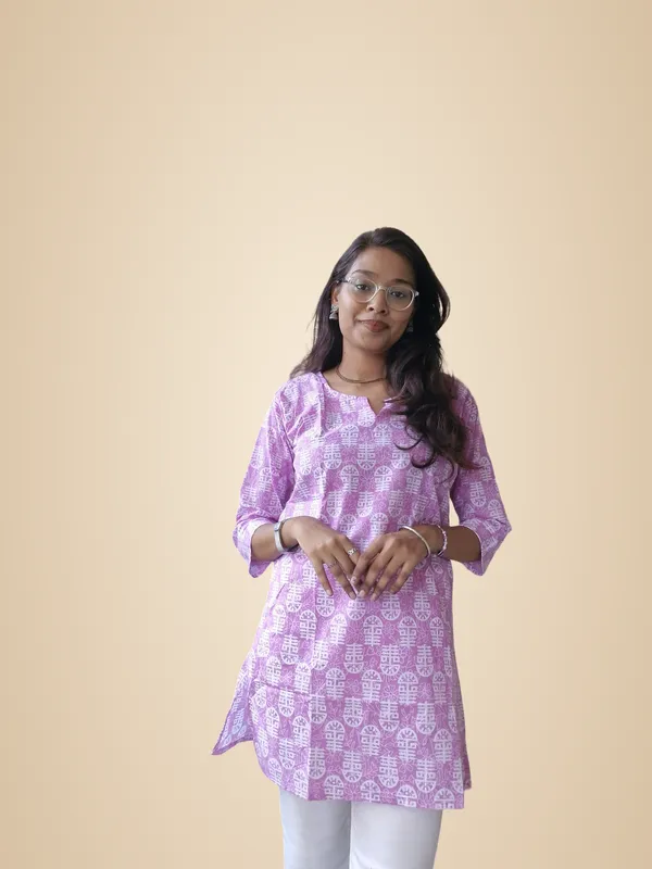 White_Purple_Cotton_Casual_Short_Top_For_Women