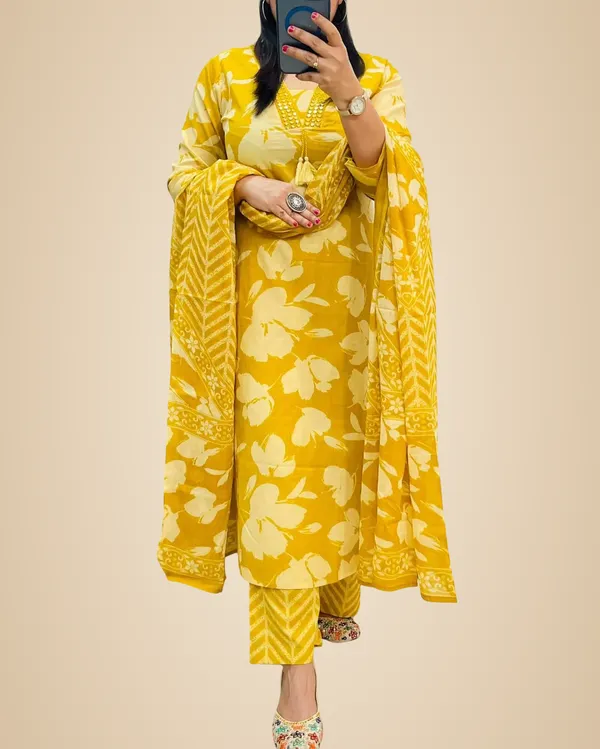 Mustard_Cotton_Casual_Kurti_Pant_Dupatta_Set_For_Women