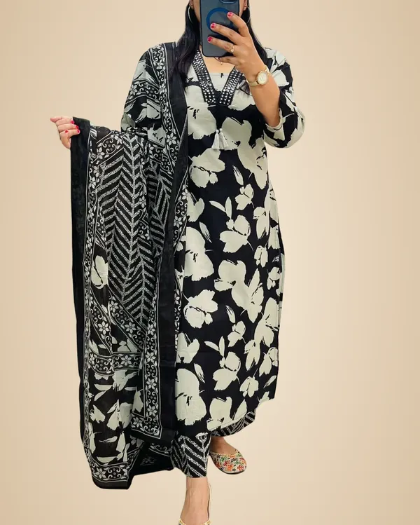 Black_Cotton_Casual_Kurti_Pant_Dupatta_Set_For_Women