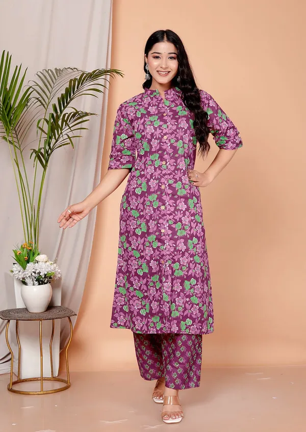 Purple_Cotton_Casual_A-Line_Kurti_Pant_For_Women
