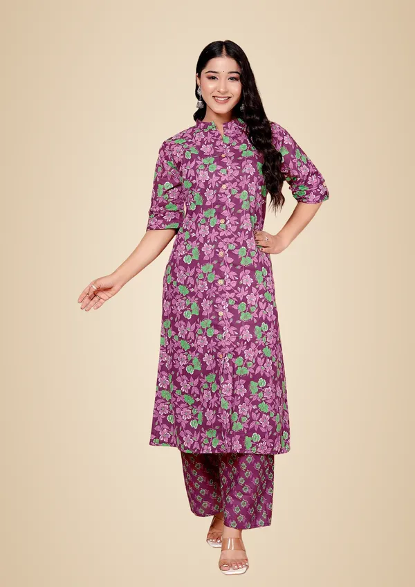 Purple_Cotton_Casual_A-Line_Kurti_Pant_For_Women