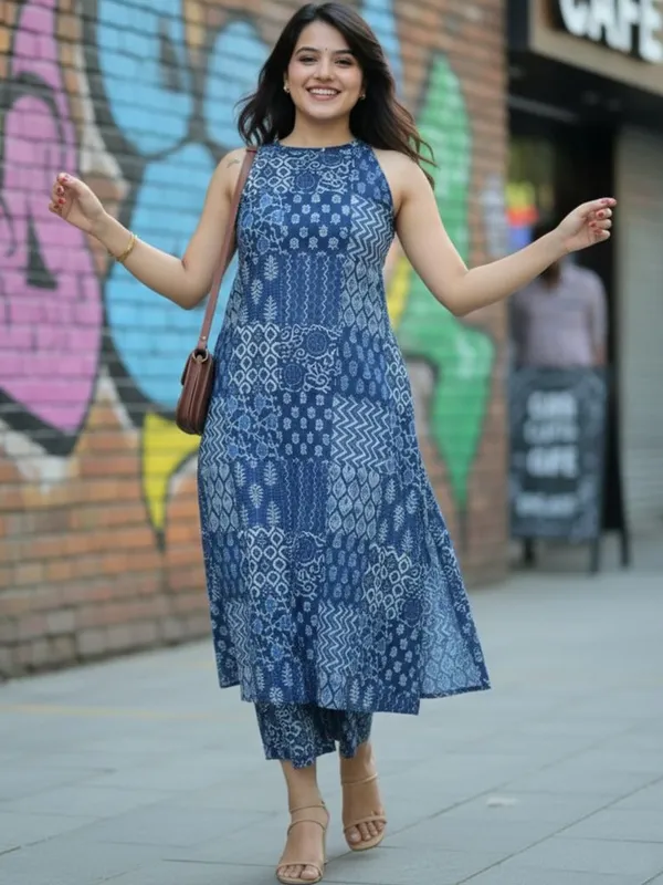 Printed_Cotton_Blue_Kurti_Plazo_Set