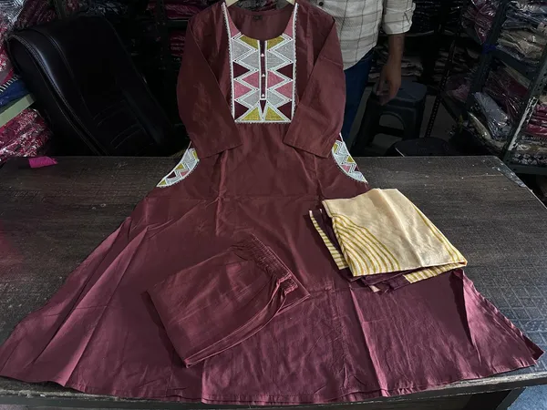 Chocolate_Brown_Embroidered_Kurta_Set_with_Printed_Dupatta