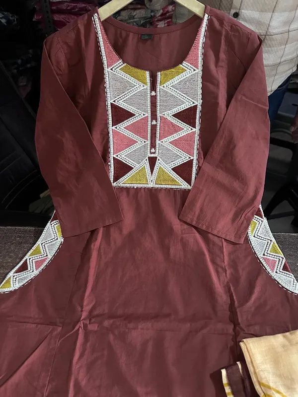 Chocolate_Brown_Embroidered_Kurta_Set_with_Printed_Dupatta