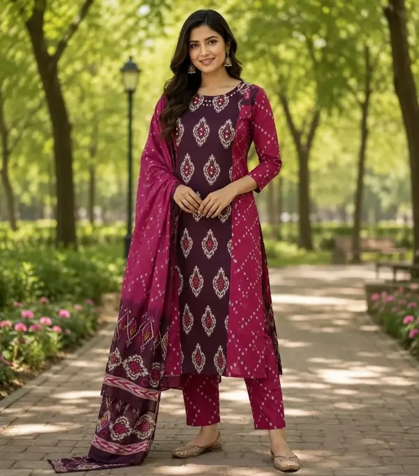 Jaipur_Wine_Ethnic_Printed_Kurta_Pant_&_Dupatta_Set