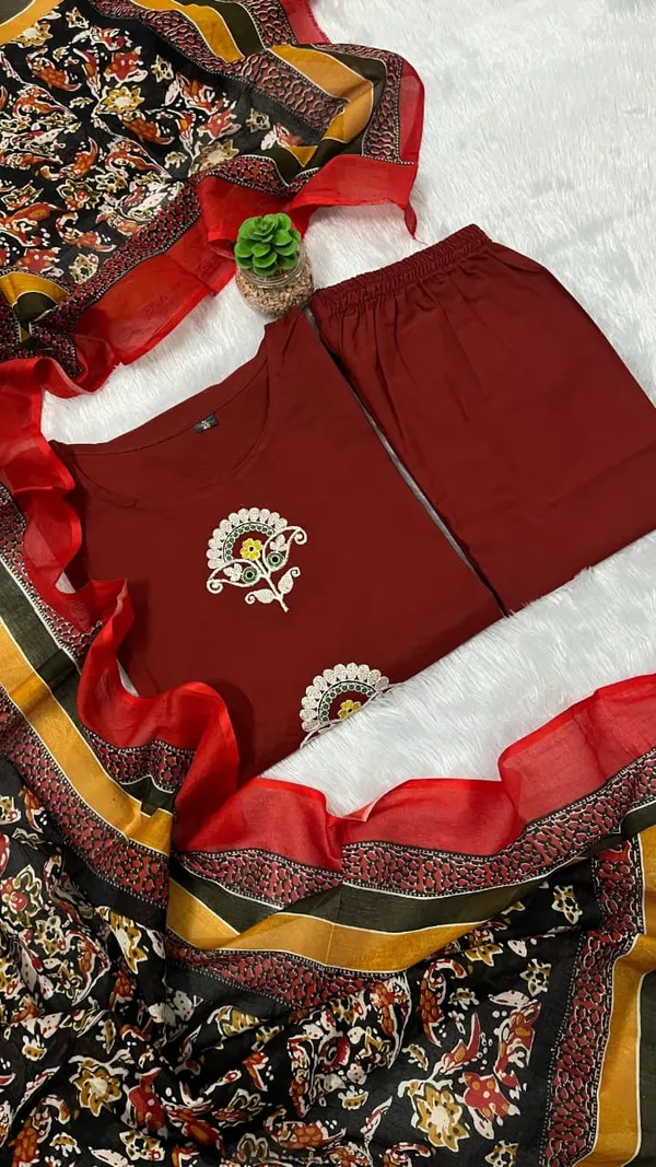 Maroon_Floral_Embroidery_Straight_Heavy_Cotton_Kurti_Pant_Dupatta_Set_For_Women