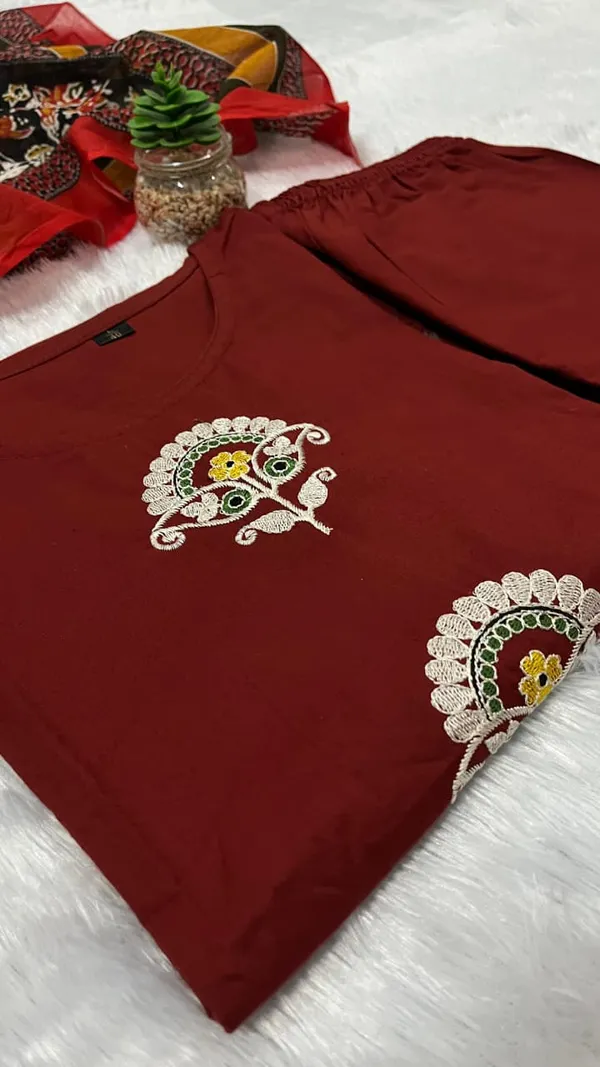 Maroon_Floral_Embroidery_Straight_Heavy_Cotton_Kurti_Pant_Dupatta_Set_For_Women