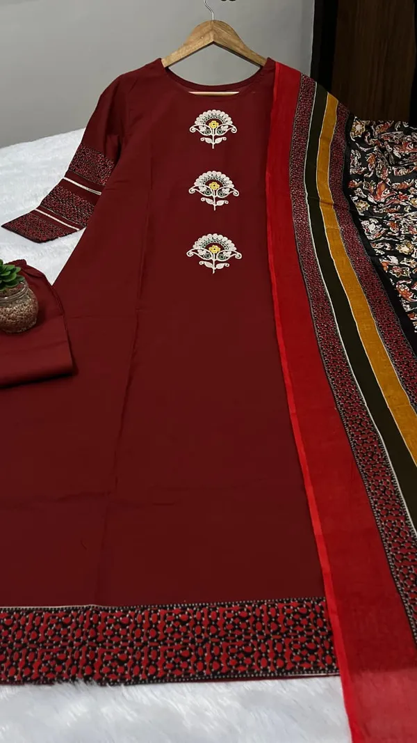 Maroon_Floral_Embroidery_Straight_Heavy_Cotton_Kurti_Pant_Dupatta_Set_For_Women