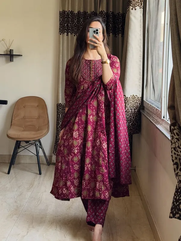Maroon_Printed_Cotton_Anarkali_Kurta_Set_with_Dupatta_&_Pants