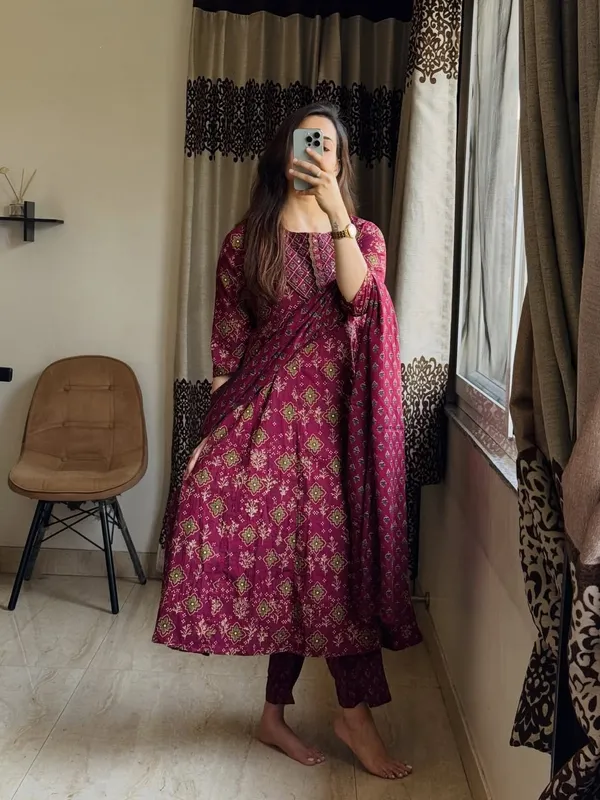 Maroon_Printed_Cotton_Anarkali_Kurta_Set_with_Dupatta_&_Pants