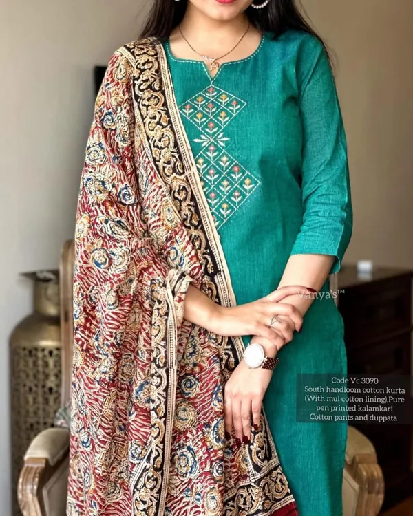 Multicolor_Pure_Handloom_South_Cotton_Hand_Printed_Chitrkari_Dupatta_And_Pant_For_Women