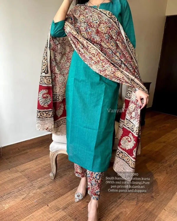 Multicolor_Pure_Handloom_South_Cotton_Hand_Printed_Chitrkari_Dupatta_And_Pant_For_Women