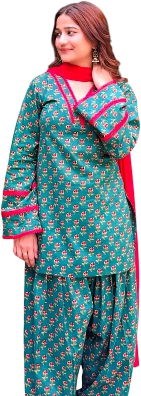 Teal_Green_Floral_Printed_Kurta_Set_with_Palazzo_Pants_and_Red_Dupatta