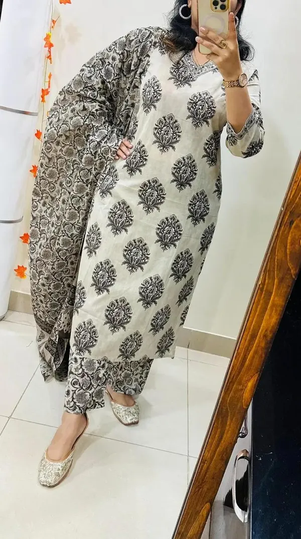 White_&_Black_Cotton_Traditional_Straight_Suit_Set