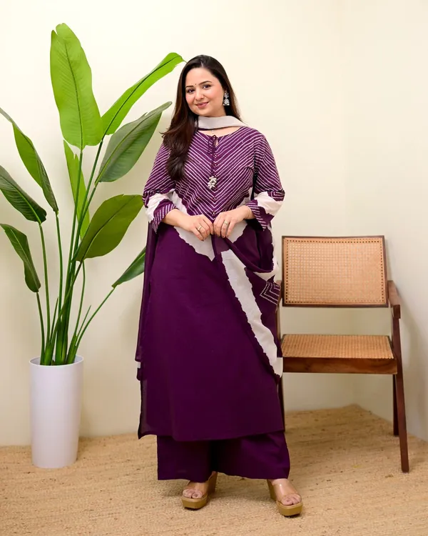 wine_red_cotton_Bandhej_palazzo_suit_set_with_a_printed_kurta_and_matching_pants.