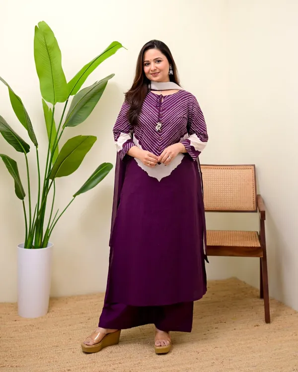 wine_red_cotton_Bandhej_palazzo_suit_set_with_a_printed_kurta_and_matching_pants.