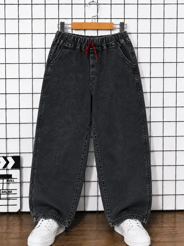 Boys_Black_Baggy_Fit_Denim_Jeans_|_Korean_Style_Loose_Fit_Elastic_Waist_Drawstring_Full_Length_Casual_Denim_Pants