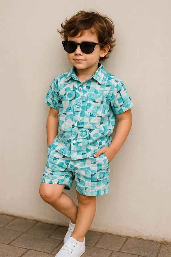 Green_Cotton_Blend_Printed_Half_Sleeve_Co-Ord_Set_For_Boys