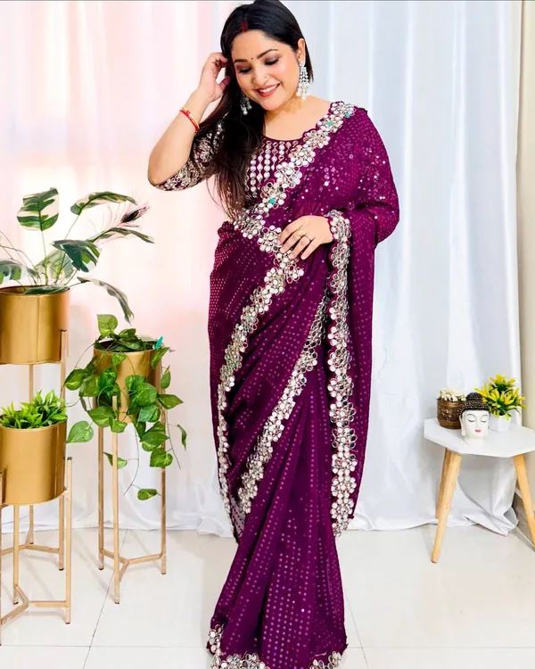 Wine_Georgette_Premium_&_Elegant_Saree_With_Unstiched_Blouse_For_Women