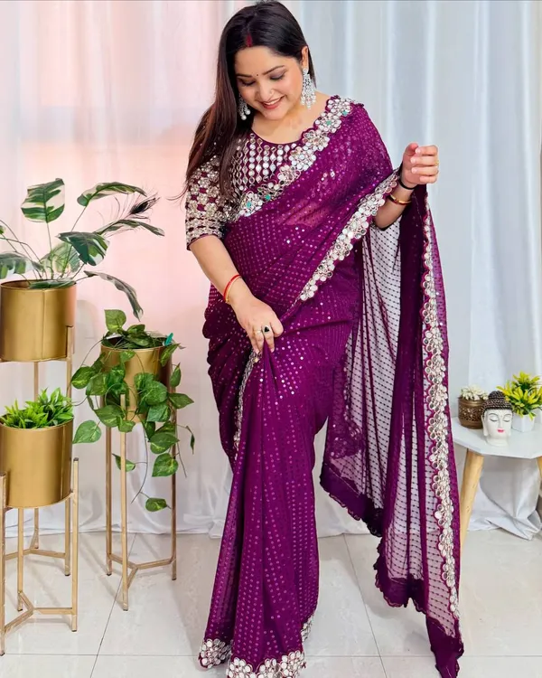 Wine_Georgette_Premium_&_Elegant_Saree_With_Unstiched_Blouse_For_Women