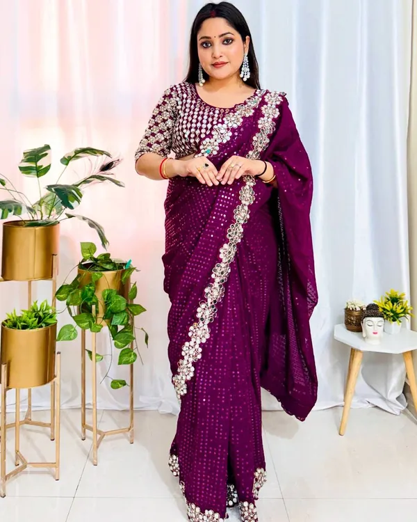 Wine_Georgette_Premium_&_Elegant_Saree_With_Unstiched_Blouse_For_Women