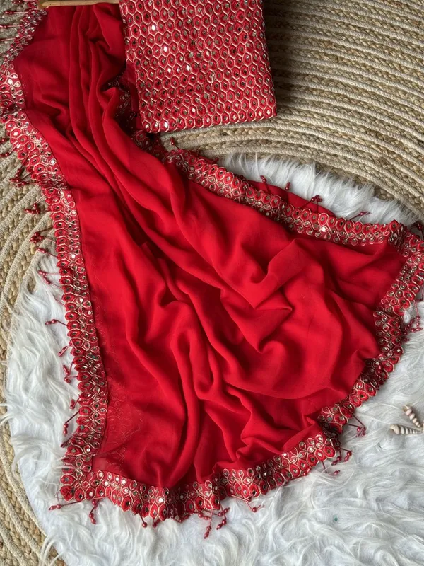 Red_Georgette_Premium_&_Elegant_Saree_With_Unstiched_Blouse_For_Women
