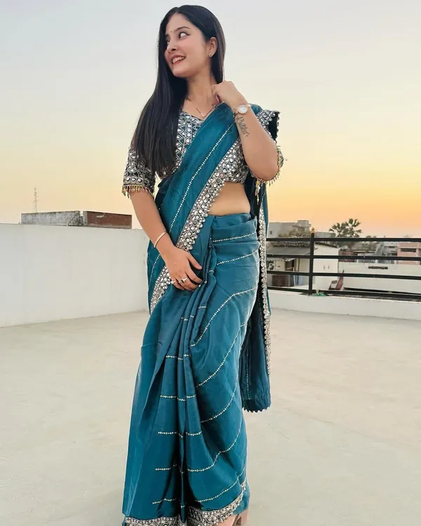 Petrol_Blue_Jimmy_Choo_Premium_&_Elegant_Saree_With_Unstiched_Blouse_For_Women