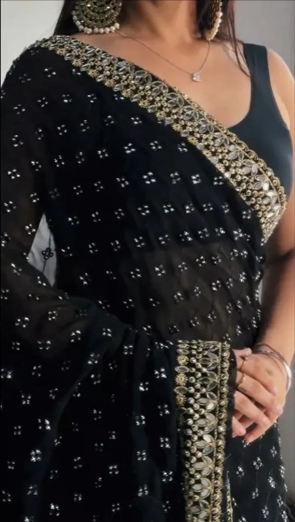 Black_Georgette_Premium_&_Elegant_Saree_With_Unstiched_Blouse_For_Women