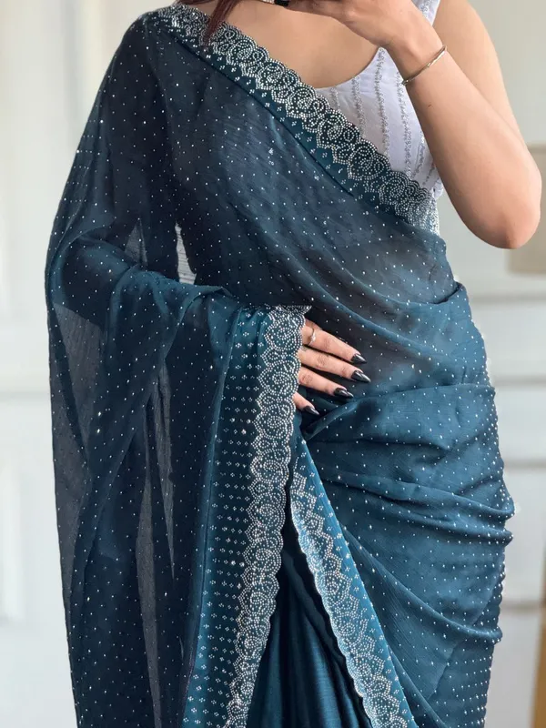 Petrol_Blue_Chiffon_Satin_Premium_&_Elegant_Saree_With_Unstiched_Blouse_For_Women