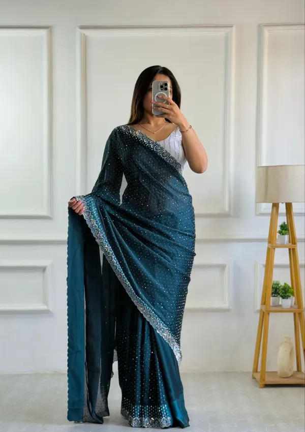 Petrol_Blue_Chiffon_Satin_Premium_&_Elegant_Saree_With_Unstiched_Blouse_For_Women