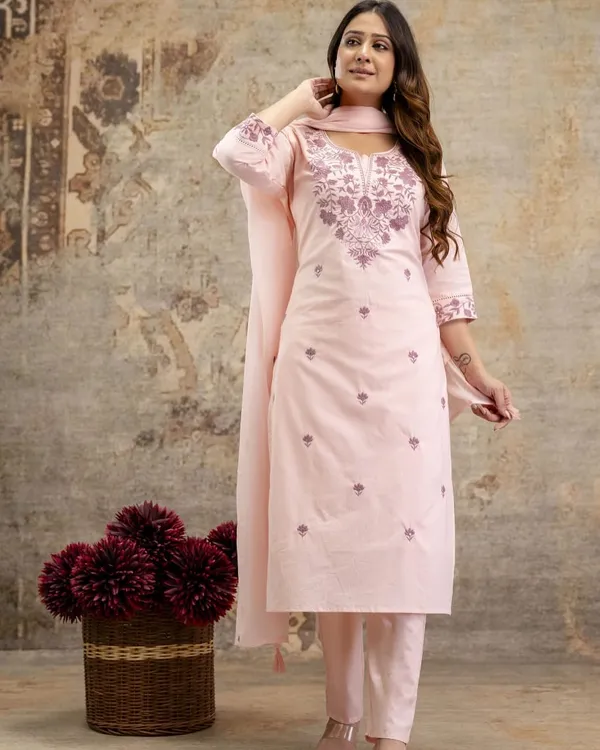 Pink_Khadi_Felx_Cotton_Intricate_Embroidery_Work_Kurta_Pant_&_Dupatta_For_Women_&_Girls